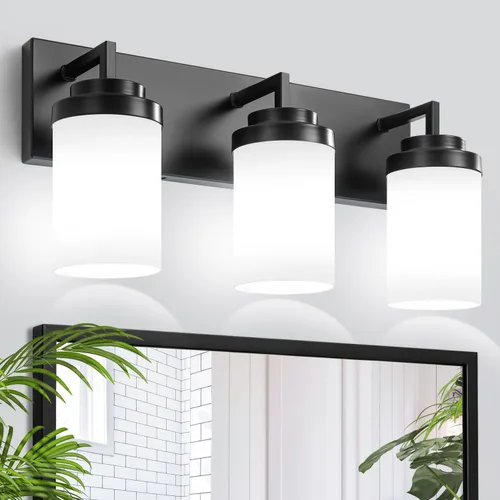 Lámpara de tocador de baño de 3 luces, color negro mate, lámparas de baño sobre el espejo, modernas luces de tocador de granja con pantalla de