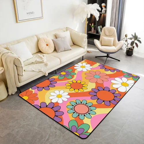 Miniatura 31 de Erosebridal Alfombra de área con tema Groovy de los 70 para sala de estar y dormitorio, alfombra retro con símbolo de paz antideslizante, alfombra