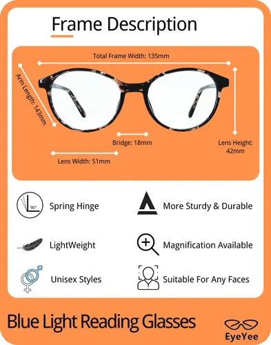 Miniatura 4 de Gafas de lectura con luz azul, marco redondo, bisagra de resorte, bloqueo UV, reduce la fatiga ocular digital, ajuste cómodo