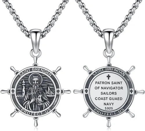 Miniatura 491 de Collar con colgante de plata de ley 925 con medalla de San Patrón, joyería religiosa para hombres y mujeres, con cadena de acero inoxidable 316L