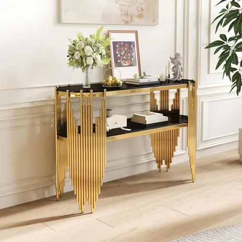 Miniatura 18 de Moderna mesa consola de cristal plateado, mesa de sofá estrecha para entrada con estantes de almacenamiento de 2 niveles para pasillo, espacio