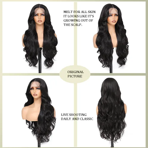Miniatura 2 de X-TRESS Pelucas sintéticas de encaje frontal negro para mujeres, 28 pulgadas para usar y llevar, sin pegamento, raya en medio, peluca de encaje