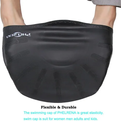 Miniatura 5 de PHELRENA Gorro de natación impermeable de silicona de alta calidad, orejeras de pelo largo, flexible y reversible para adultos, niños, mujeres