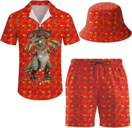 Miniatura 20 de Conjunto deportivo de 2 piezas para hombre, camisa hawaiana, pantalones cortos, camisa con botones y pantalones cortos con sombreros de pescador