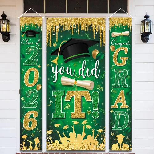 Miniatura 13 de Decoraciones de graduación negras y doradas para la clase de 2026 con texto en inglés "Congrats Grad and You Did It" para suministros de fiesta