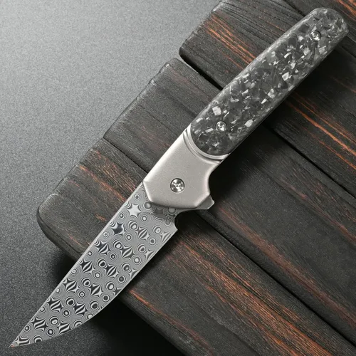 Miniatura 2 de Sitivien ST252 Cuchillo plegable de acero Damasco, hoja de damasco, mango de fibra de carbono de titanio, cuchillo EDC para acampar al aire libre