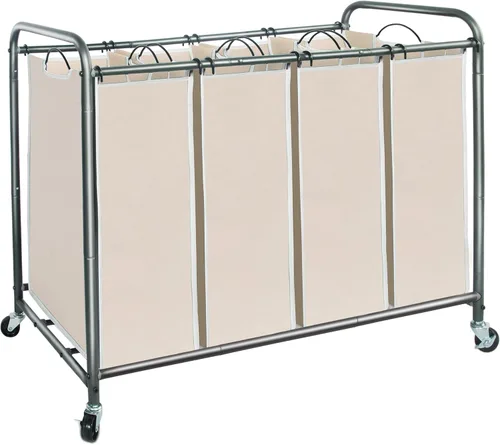 STORAGE MANIAC Clasificador de ropa sucia de 4 secciones, 47.8 galones (181 L) con ruedas, clasificador de cestas divisoras de ropa, carrito Beige
