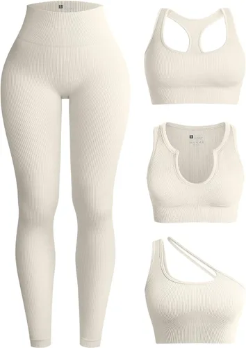 OQQ Conjunto de entrenamiento de 4 piezas para mujer, leggings de cintura alta acanalados para yoga con camiseta corta de 3 piezas con brasier