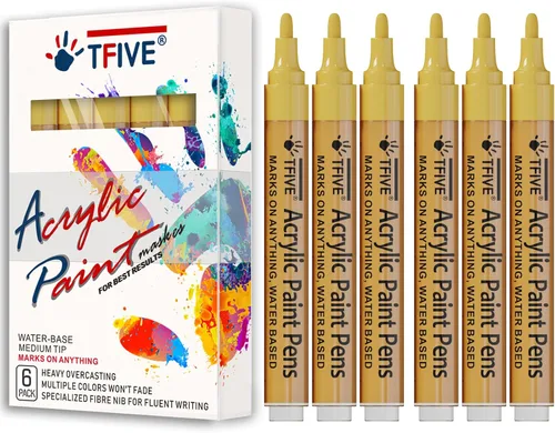 Miniatura 8 de Rotuladores de pintura acrílica dorados, punta media de 0.079 a 0.118 pulgadas, paquete de 6 bolígrafos de pintura permanente a base de agua dorados