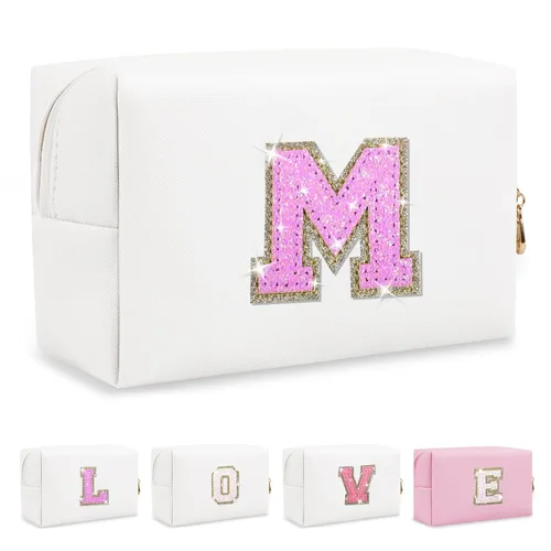 Miniatura 366 de Pequeña bolsa de maquillaje personalizada con inicial A-Z Preppy Patch, bolsa de cosméticos de viaje de felpilla blanca con cremallera, bonita bolsa