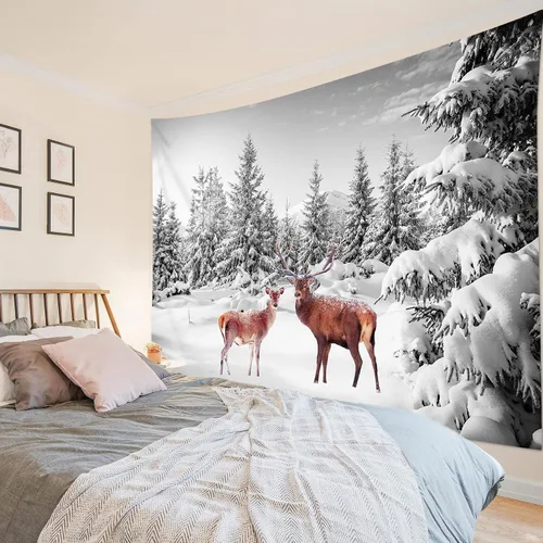 Miniatura 4 de LB Tapiz de bosque nevado para colgar en la pared, lindo ciervo y nieve cubierto de pino, tapiz de pared con cielo gris para dormitorio, tapiz