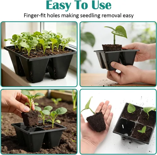Miniatura 5 de RooTrimmer Paquete de 40 bandejas reutilizables de 4 celdas para plantas de semillero, bandejas profundas de células grandes con agujeros de drenaje