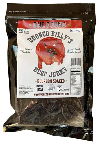 Miniatura 16 de Bolsa resellable de media libra de carne de res con sabor a bourbon Bronco Billy's Beef Jerky