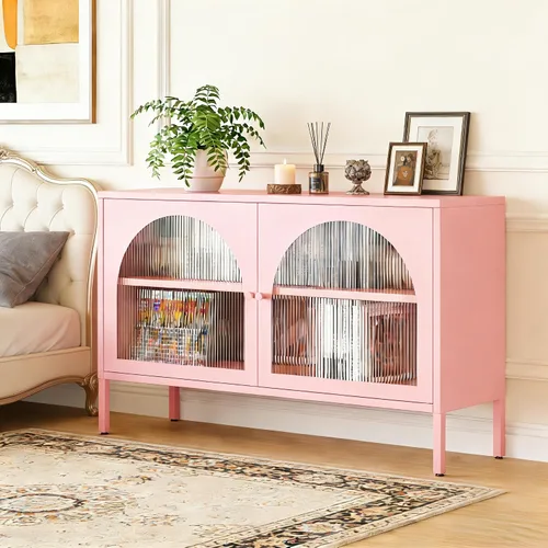 Miniatura 3 de Soporte de metal para TV, armario de almacenamiento con 2 puertas acrílicas, armario rosa con estante ajustable, gabinete lateral para el hogar