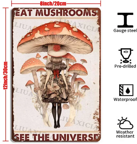 Miniatura 6 de Letrero retro de hojalata con texto en inglés "Eat Mushrooms See The Universe for Kitchen Bar Garage Decor 8.00"x12.00