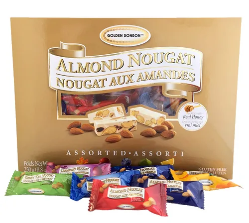 Golden Bonbon Surtido de caramelos de turrón de almendras, mezcla suave y crujiente, sin gluten, certificado Halal, sin sabores artificiales, 6