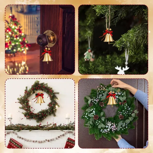 Miniatura 7 de Campanas Doradas de Navidad, 12 piezas Cascabeles de Metal Dorado de 2.4 pulgadas con Lazo Rojo y Adorno Colgante de Árbol de Bayas, Cascabel