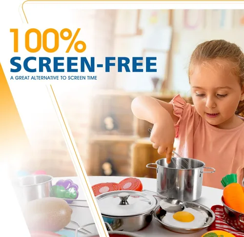 Miniatura 5 de Juego de 28 juguetes de cocina de simulación, juego de cocina con utensilios de cocina de acero inoxidable y accesorios para niños pequeños y niñas