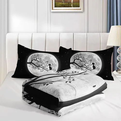 Miniatura 4 de Juego de edredón negro con diseño de gato y luna para niñas y mujeres, ropa de cama con estampado de cielo nocturno con 2 fundas de almohada Cat Moon