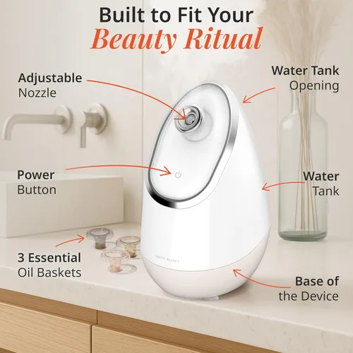 Miniatura 4 de Vanity Planet Aira - Vaporizador facial iónico (beige) – Limpiador de poros que desintoxica, limpia e hidrata – Boquilla ajustable, tanque de agua
