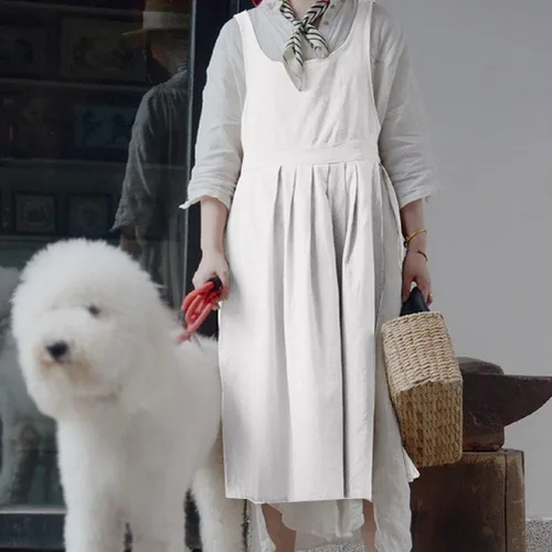 Miniatura 6 de Vestido estilo pinafore de algodón con cuello en V y cuello en V para mujeres y niñas