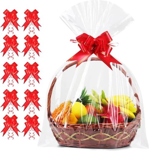 Miniatura 8 de JOYIT Paquete de 10 bolsas de regalo de celofán transparente con lazos rojos, bolsas de regalo grandes de 24 x 30 pulgadas para cestas de frutas
