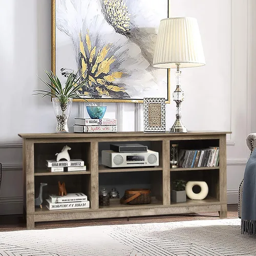 Miniatura 3 de Tangkula Soporte universal de madera de granja para TV de hasta 65 pulgadas, mesa consola de TV rústica con 6 estantes abiertos, centro