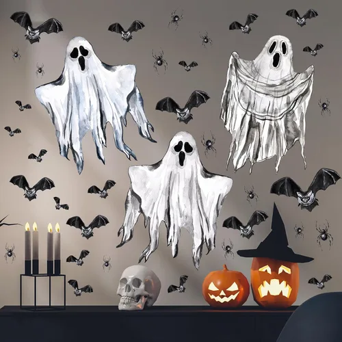 Miniatura 14 de Decoración de pared de Halloween, calcomanías de Halloween 3D para ventana falsa, despegar y pegar, calabazas, esqueleto, murales artísticos