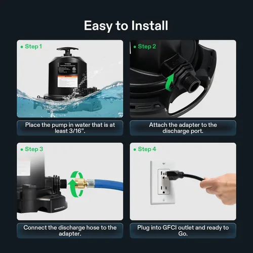 Miniatura 5 de VIVOSUN Bomba de sumidero sumergible, bomba de agua portátil termoplástica de 1575 GPH con cable de alimentación de 10 pies y 2 adaptadores, ideal
