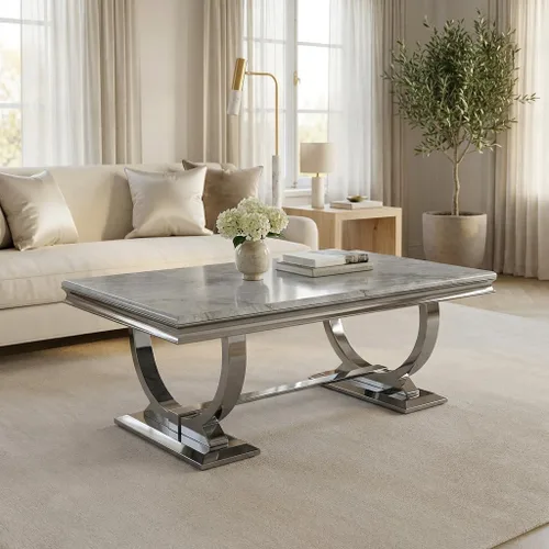 Miniatura 7 de Asday Mesa de centro plateada, mesa rectangular gris para sala de estar con base en U de metal espejo plateado, mesa de centro para sala de estar