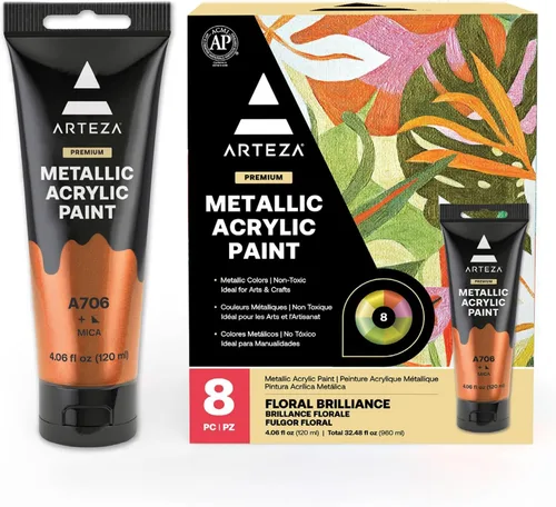Arteza Pintura acrílica metálica, juego de 8 tubos de colores florales brillantes de 4 onzas, pigmentos ricos, no se decolora, pinturas no tóxicas
