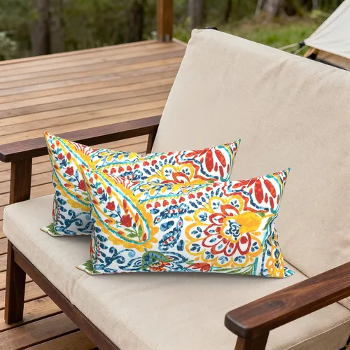 Miniatura 558 de Juego de 2 almohadas para exteriores de 16 x 16 pulgadas, repelentes al agua con interiores, para muebles de patio, hogar, jardín, geometría bohemia