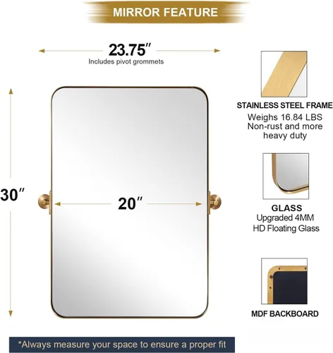 Miniatura 2 de ANDY STAR Espejo pivote dorado cepillado de 20 x 30 pulgadas para baño, espejo de baño con marco de metal de latón para pared, espejo de pared