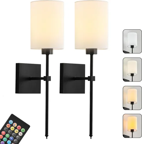Miniatura 12 de Juego de Dos Apliques de Pared a Batería, Luz de Pared Inalámbrica Recargable con Control Remoto, Regulable, Luz Ámbar/Blanco Cálido/Blanco Negro