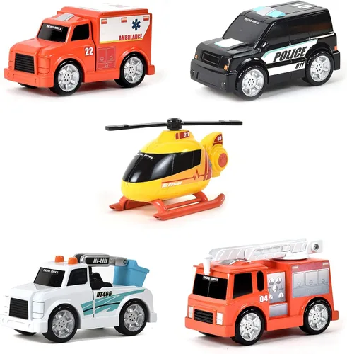 Sunny Days Entertainment Vehículos Micro Mini City - Juego de autos y camiones de juguete de rescate para niños | Camión de bomberos helicóptero