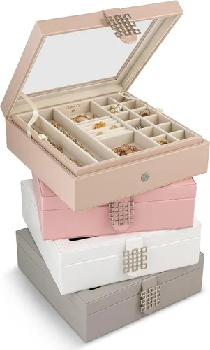Miniatura 6 de Glenor Co - Joyero de 28 secciones 2 capas Broche de hebilla y cierre magnético Tapa grande de cristal Diseño de cuero Arena Organizador