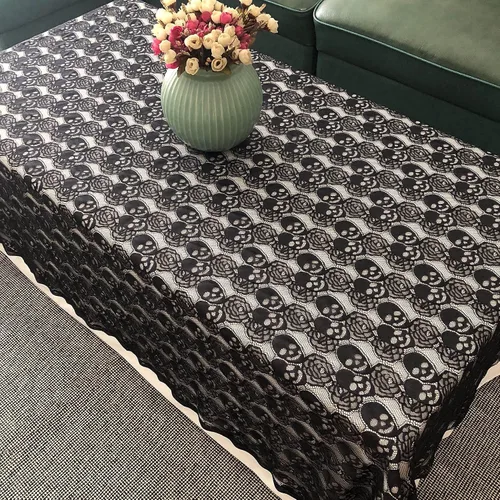 Miniatura 3 de Tela de encaje de calavera negra, encaje de tela no elástica de 59 x 72 pulgadas, tela de encaje floral para fiesta de Navidad, mantel de boda