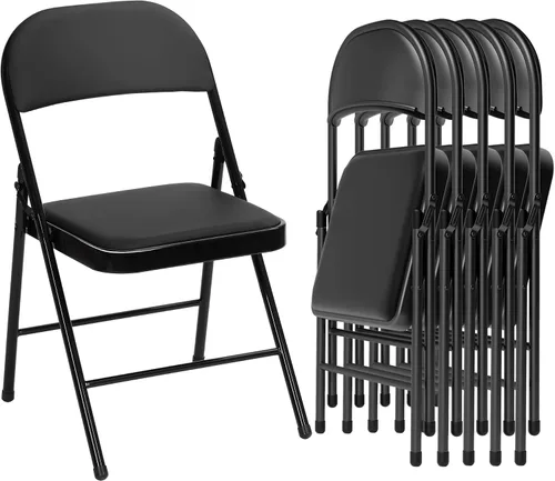 Miniatura 10 de Paquete de 4 sillas plegables negras con cojín, silla plegable acolchada con asiento y respaldo de piel sintética, sillas plegables de metal