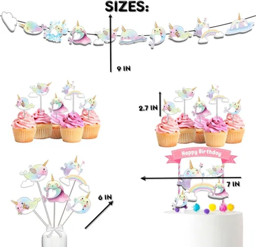 Miniatura 3 de Juego de decoraciones de fiesta de cumpleaños de Narwhal, tema mágico bajo el mar con decoración de pastel, pancarta, centros de mesa para niñas