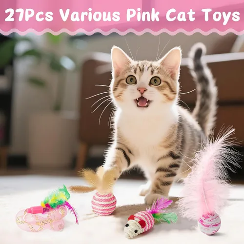Miniatura 6 de MALLMALL6 Juego de juguetes interactivos para gatos, paquete de 27 piezas, paquete de 27 piezas, plumas rosadas, varita, resortes, ratones, sisal
