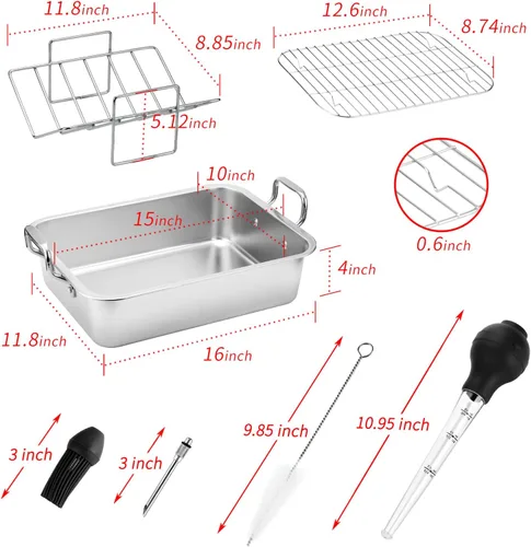 Miniatura 4 de Asador rectangular de acero inoxidable de 15 pulgadas con estante en forma de V y tostador de pavo, tostador rectangular para pavo, pollo, verduras