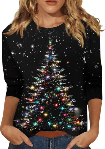 Miniatura 6 de Camisetas de manga 3/4 para mujer, cuello redondo, holgadas, casuales, con estampado floral, camisetas de moda para el trabajo de negocios