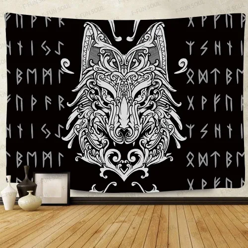 Miniatura 7 de F-FUN SOUL Tapiz nórdico de cuervo vikingo, 40 x 30 pulgadas, misteriosas runas de meditación vikinga, arte nórdico, tapices colgantes de pared
