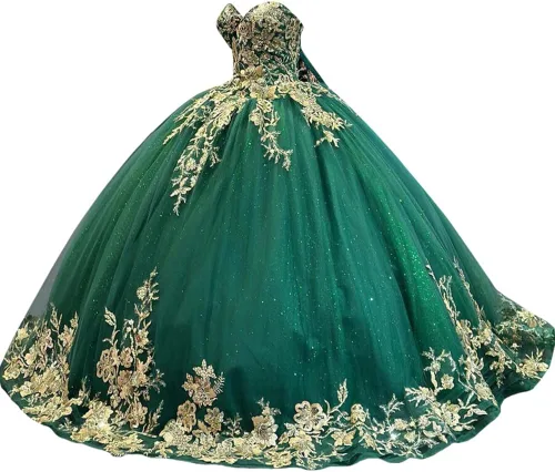 XYAYE Vestido de quinceañera de tul brillante para mujer, vestido de fiesta con flores en 3D, vestidos sin tirantes de encaje dorado dulce 15 16