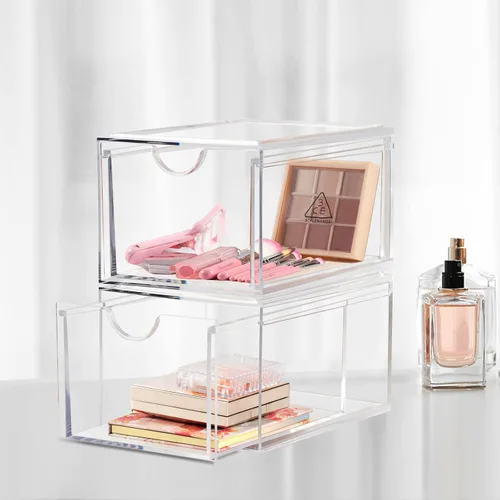 Miniatura 2 de Boxalls Paquete de 2 cajones de almacenamiento apilables de acrílico, organizador de maquillaje, 20% más grueso, transparente, organizadores de baño