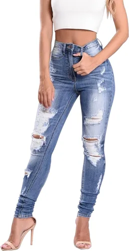 Miniatura 45 de KUNMI - Pantalones de mezclilla clásicos de cintura alta para mujer, elásticos, con efecto de levantamiento de glúteos, ajustados