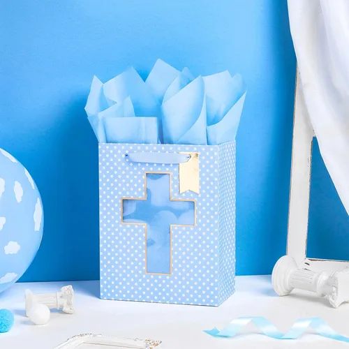 Miniatura 6 de Loveinside Bolsa de regalo azul, bolsa de regalo con diseño de cruz religiosa y puntos con papel de seda, etiqueta para bautismos de bebé, baby