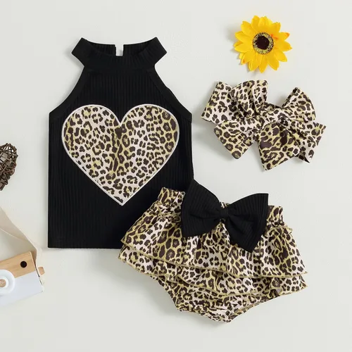 Miniatura 8 de Conjunto de ropa de verano para bebé recién nacida, sin mangas, con estampado de amor, volantes, pantalones cortos de leopardo, 3 piezas, diadema