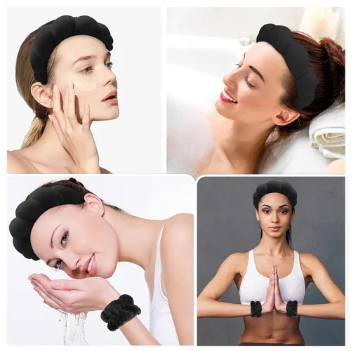 Miniatura 4 de Zkptops Diadema de Spa para Lavar la Cara Muñequera Esponja Maquillaje Cuidado de la Piel Diadema de Tela de Rizo Burbuja Suave Prepárate Diadema