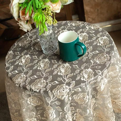 Miniatura 2 de SUTAVIA Mantel redondo de encaje con flores doradas de rosa, cubierta de mesa de café clásica a prueba de polvo, protector de mesa para comedor